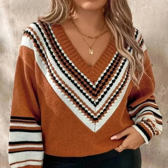 Orange Casual Women's Plus Size Knitted Loose Colorblock V-Neck Pullover Sweater - Picture 7 of 8